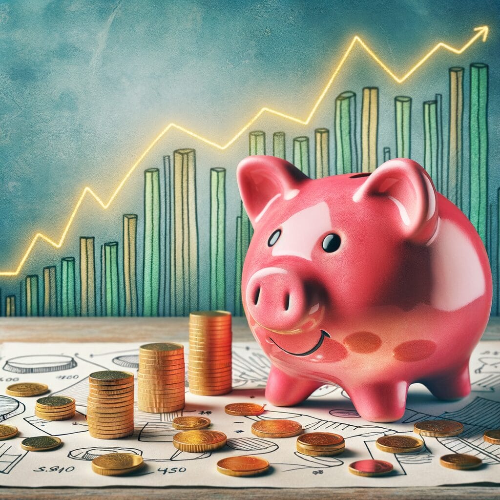 Piggy bank and coins symbolizing a growing savings account