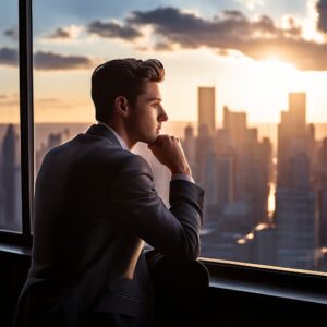young male entrepreneur looks out the window thinking about the long term goals of his company
