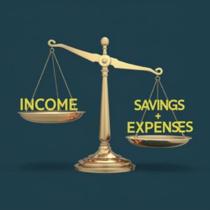 A balance scale with "Income" on one side and "Savings + Expenses" on the other