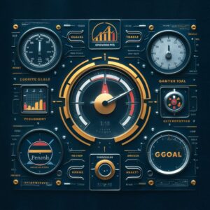 A dashboard or control panel with various gauges and metrics, representing goal tracking