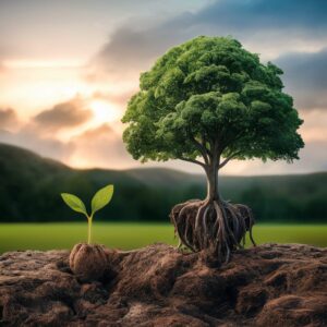 A seedling next to a fully grown tree, representing startup growth through funding