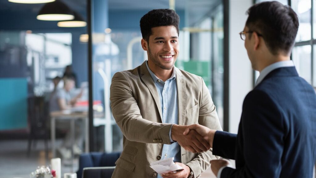 A young male entrepreneur confidently shaking hands with a banker, symbolizing securing a startup loan