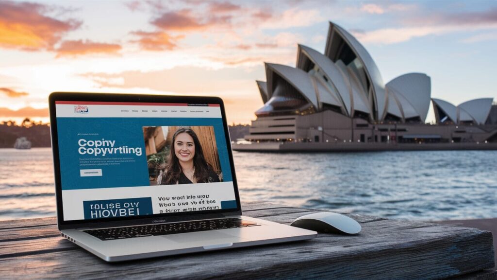 Laptop displaying copywriting services website with Sydney Opera House in the background
