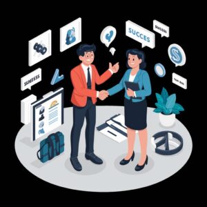 Salesperson shaking hands with a client, surrounded by success symbols