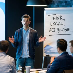 Young entrepreneur giving a presentation with 'Think Local, Act Global' written on a whiteboard