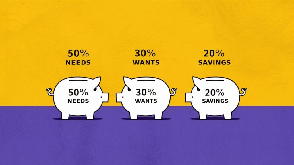 A minimalist illustration of three piggy banks labeled 50% Needs, 30% Wants, and 20% Savings representing the 50/30/20 rule spreadsheet