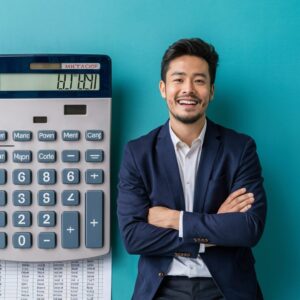 A smiling young man in business attire standing next to a large calculator and spreadsheet tracking his 50/30/20 rule spreadsheet