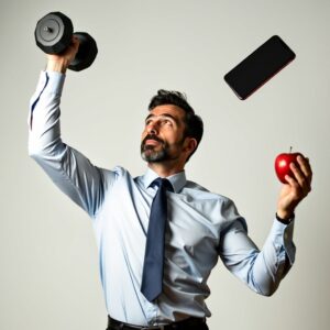 An athletic businessman juggling a dumbbell, smartphone, and apple, symbolizing work-life balance